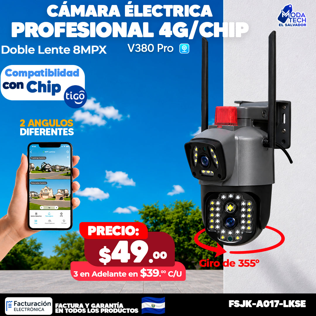 Cámara Eléctrica Doble Lente Chip 4G con Alarma 🔥