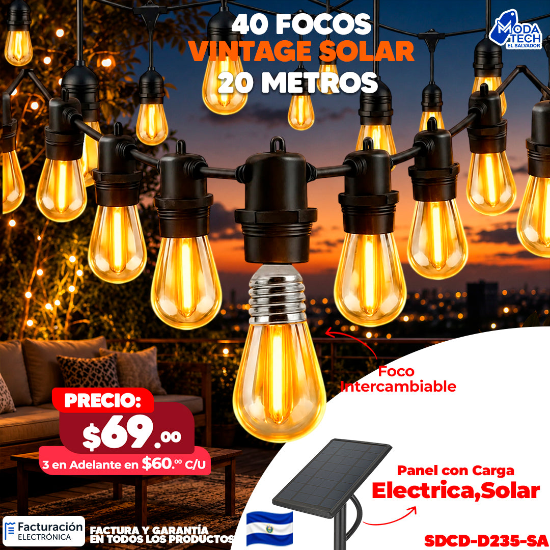 🌞 Focos Vintage Solar 40 LED – 20 Metros | Focos Intercambiables