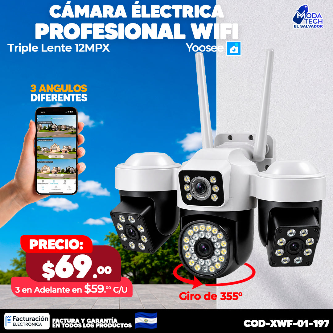 📹📶 Cámara Eléctrica Profesional WiFi | Triple Lente 12MPX 🎥 | 3 Ángulos de Visión 👁️