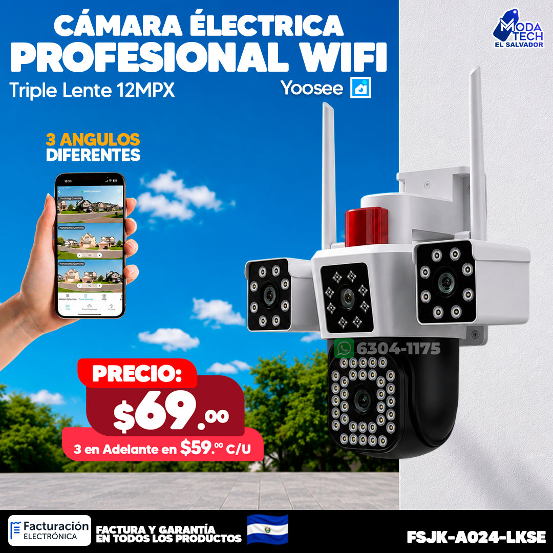 📹 Cámara Eléctrica Profesional WiFi Triple Lente 12MPX – Yoosee ✨
