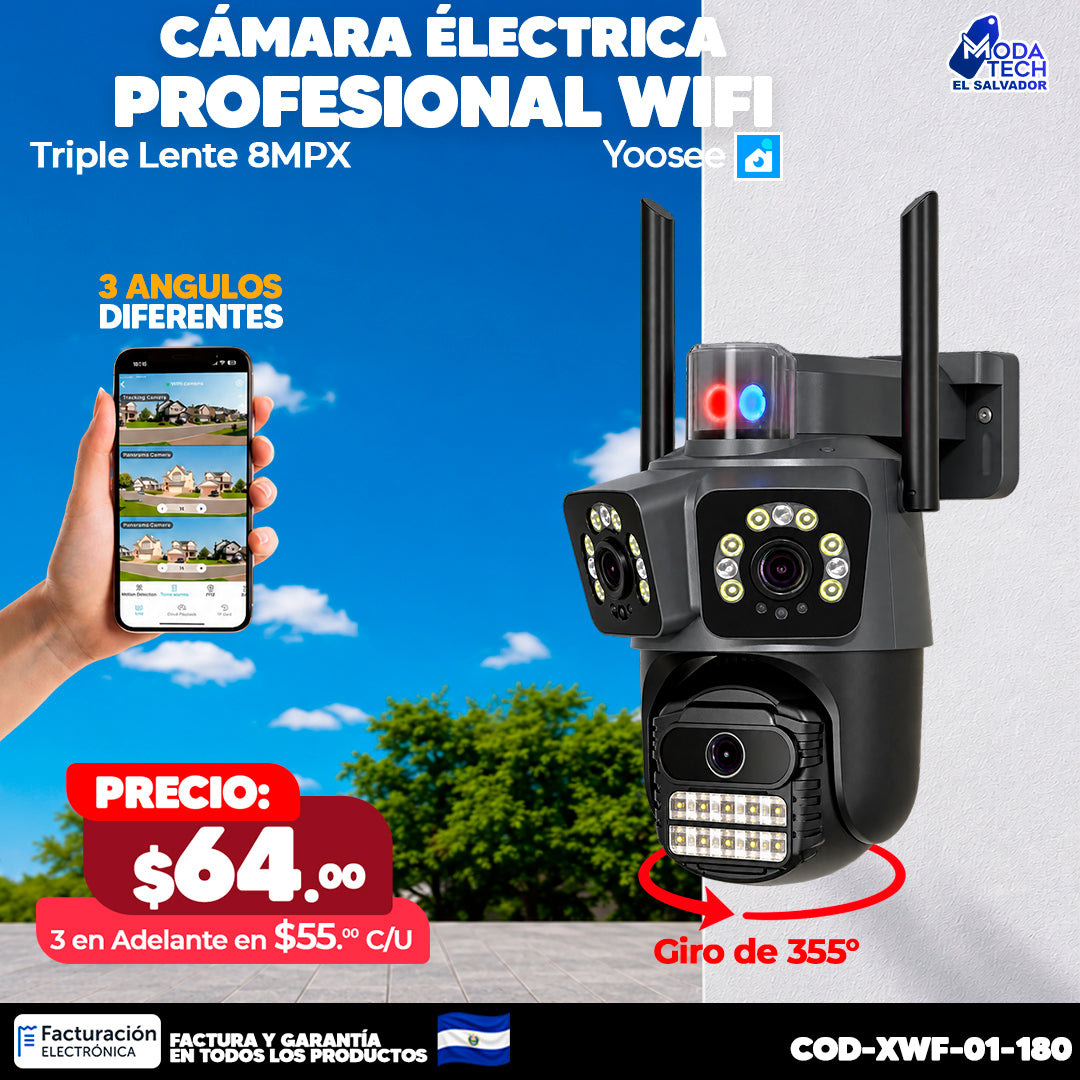 📹 Cámara Eléctrica Profesional WiFi | Triple Lente 8MPX 🎥 | 3 Ángulos de Visión 👁️