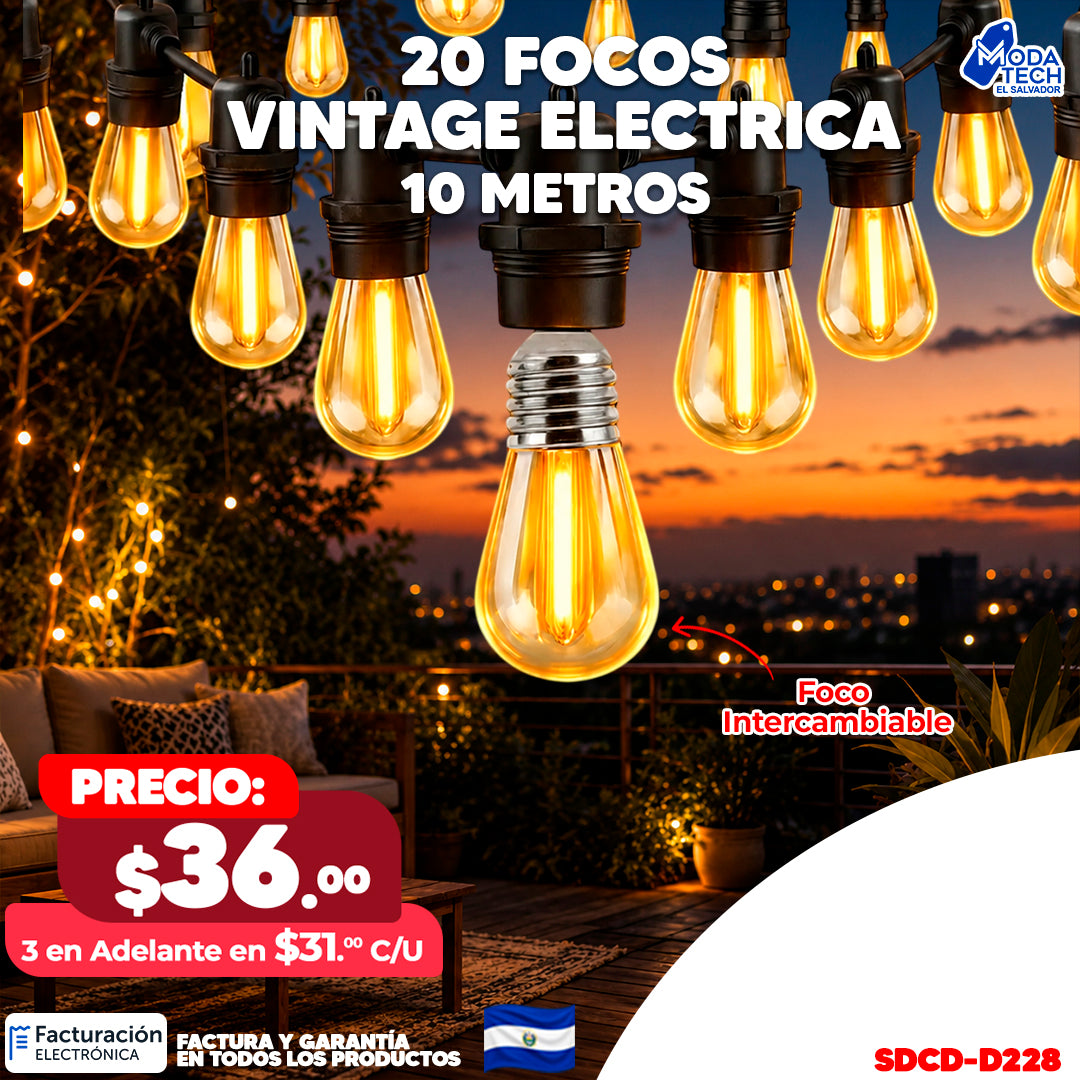 Serie de Focos Vintage Eléctrica LED – 20 Focos - 10 Metros | Focos Intercambiables 💡💡