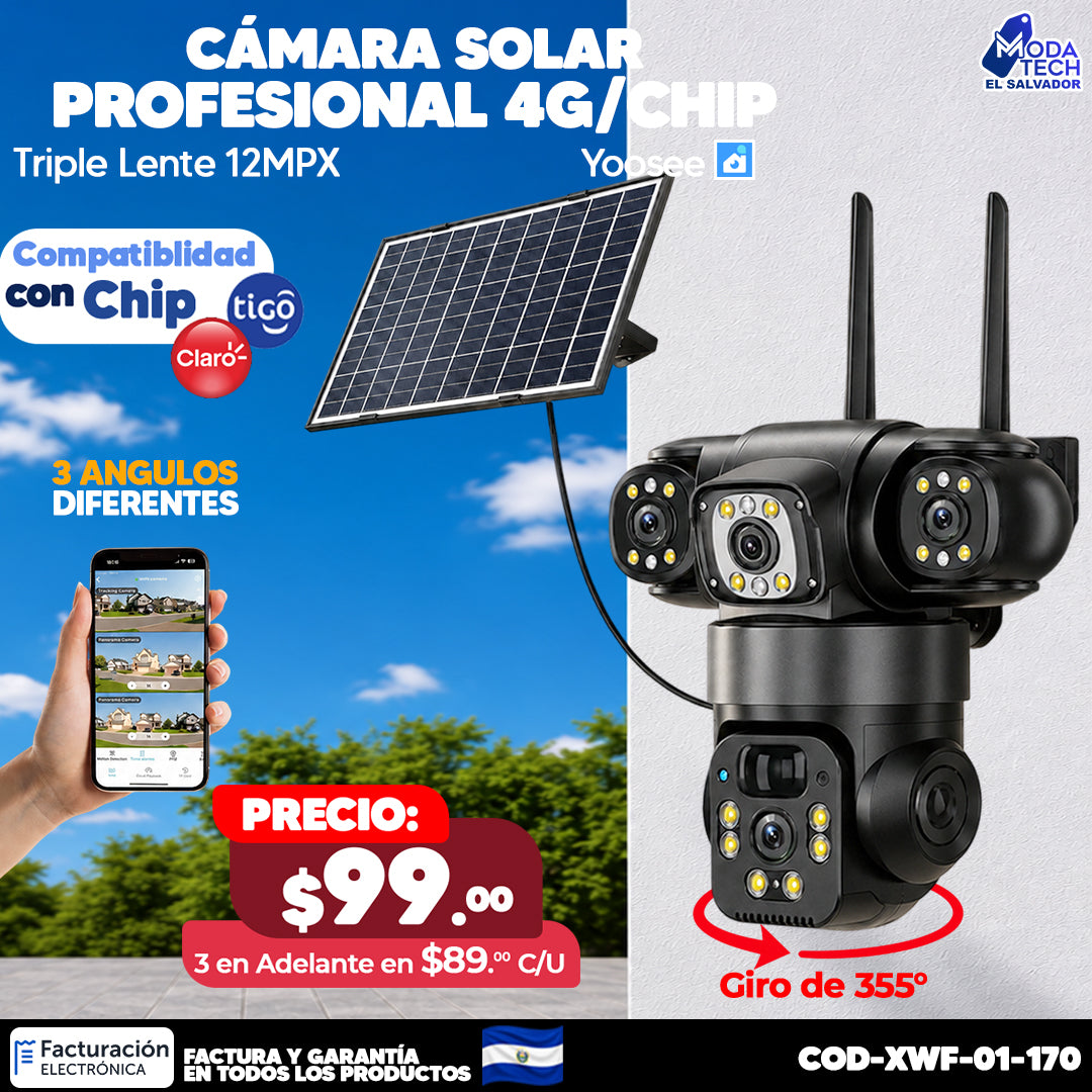 ☀️ Cámara Solar Profesional 4G con Chip | Triple Lente 12MPX 🎥